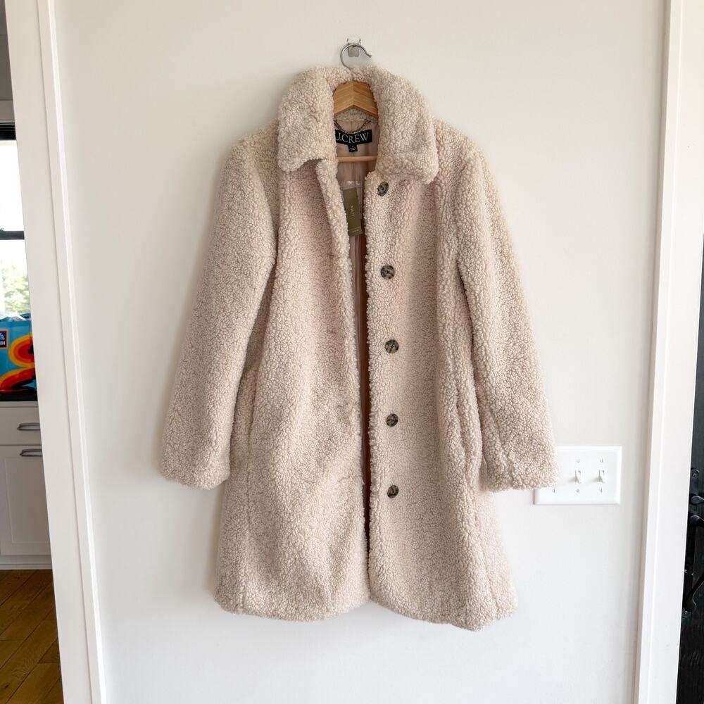 J. Crew Teddy Sherpa Lady Button Front Mid-Length Winter Coat Cream S NWT
